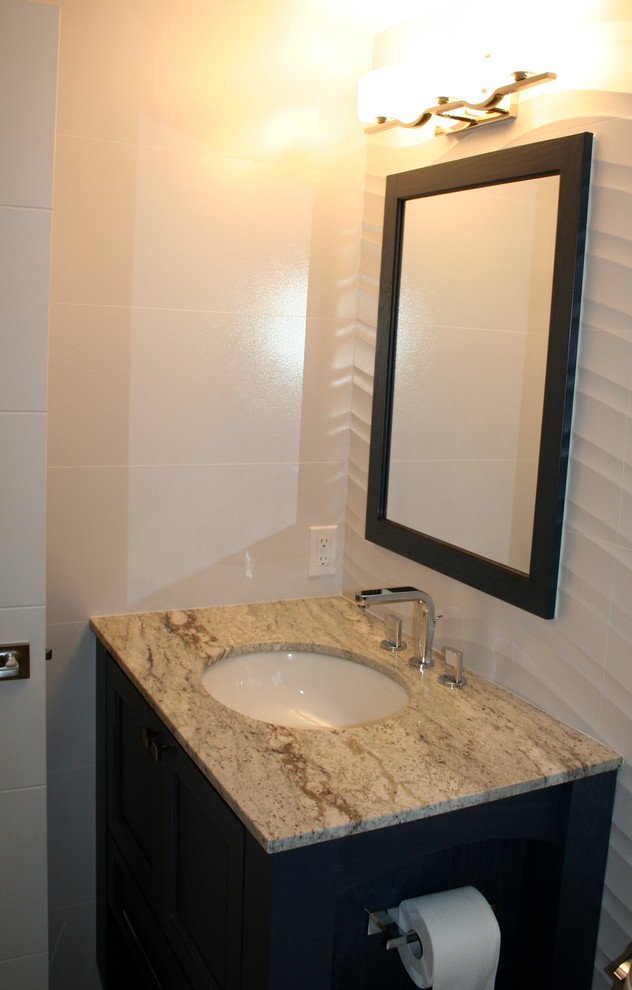 Example of a small trendy master white tile doorless shower design in Miami with granite countertops, white walls, recessed-panel cabinets, dark wood cabinets, a one-piece toilet and an undermount sink