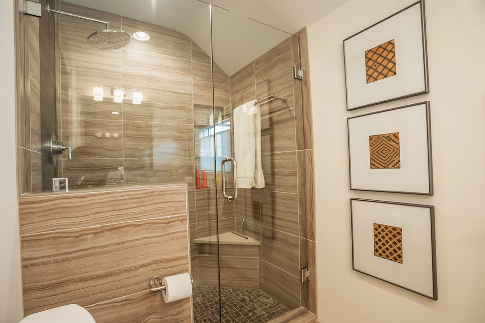 Design ideas for a small contemporary ensuite bathroom in Other with flat-panel cabinets, white cabinets, an alcove shower, a two-piece toilet, brown tiles, porcelain tiles, white walls, porcelain flooring, a vessel sink and engineered stone worktops.