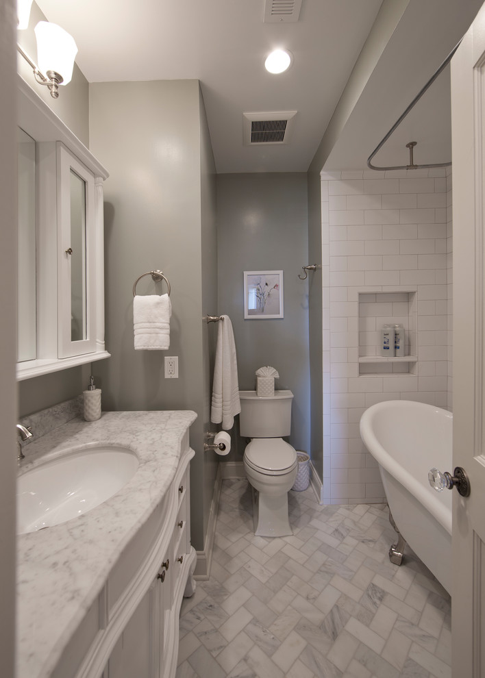 Inspiration for a small timeless master white tile and subway tile marble floor bathroom remodel in DC Metro with furniture-like cabinets, white cabinets, a two-piece toilet, green walls, an undermount sink and marble countertops