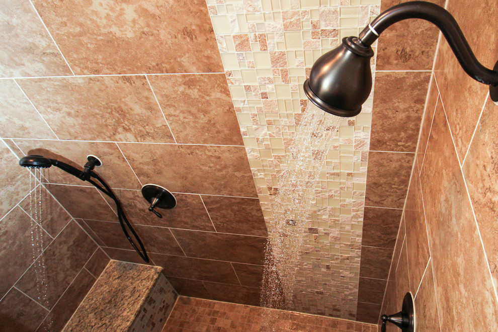 Medium sized classic shower room bathroom in Houston with raised-panel cabinets, medium wood cabinets, an alcove bath, a walk-in shower, beige tiles, porcelain tiles, beige walls, porcelain flooring, a submerged sink, granite worktops, beige floors and an open shower.