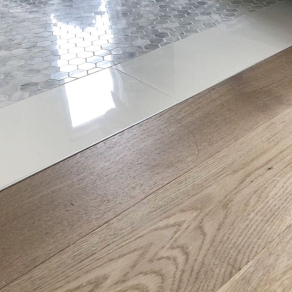 Wide Plank White Oak Hardwood & Marble Mosaic Tile Transitional
