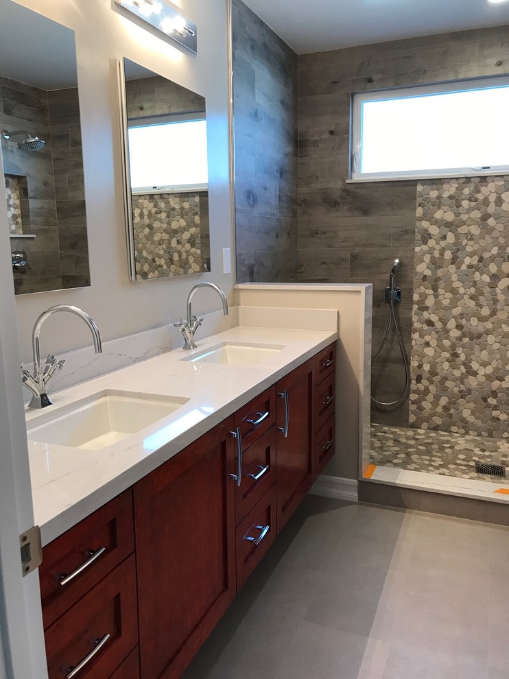 Inspiration for a mid-sized contemporary 3/4 gray tile and porcelain tile porcelain tile and gray floor bathroom remodel in Los Angeles with shaker cabinets, red cabinets, an undermount sink, white walls and quartzite countertops