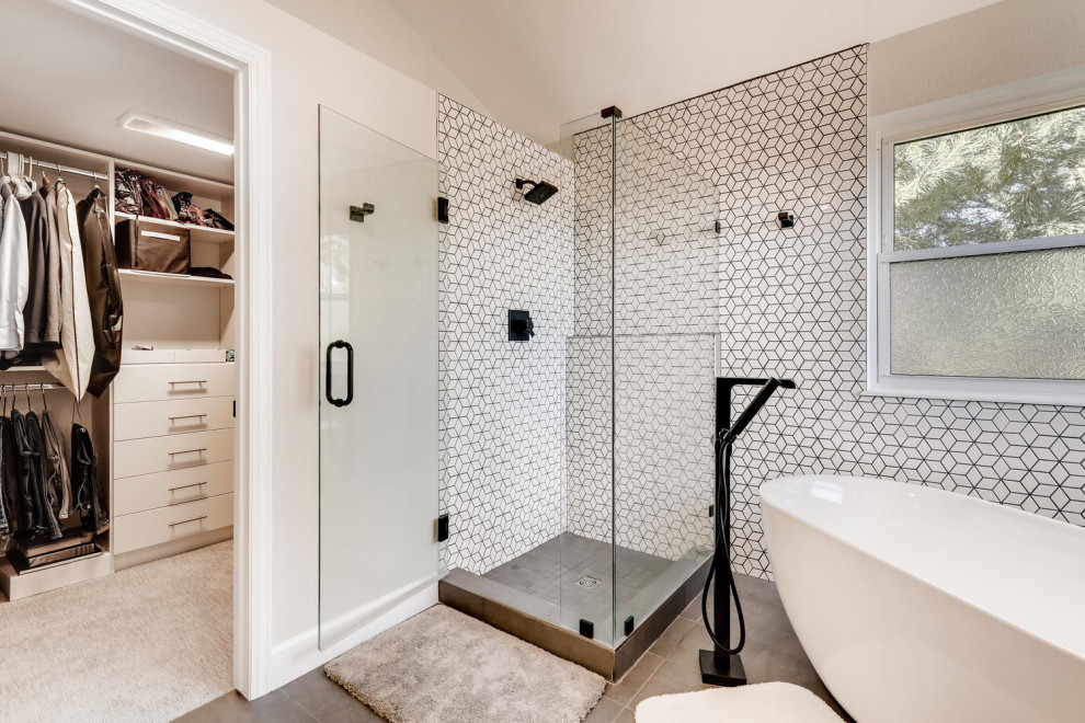 Mid-sized trendy master white tile and ceramic tile ceramic tile, beige floor and double-sink bathroom photo in Denver with flat-panel cabinets, medium tone wood cabinets, white walls, an undermount sink, quartz countertops, brown countertops and a built-in vanity