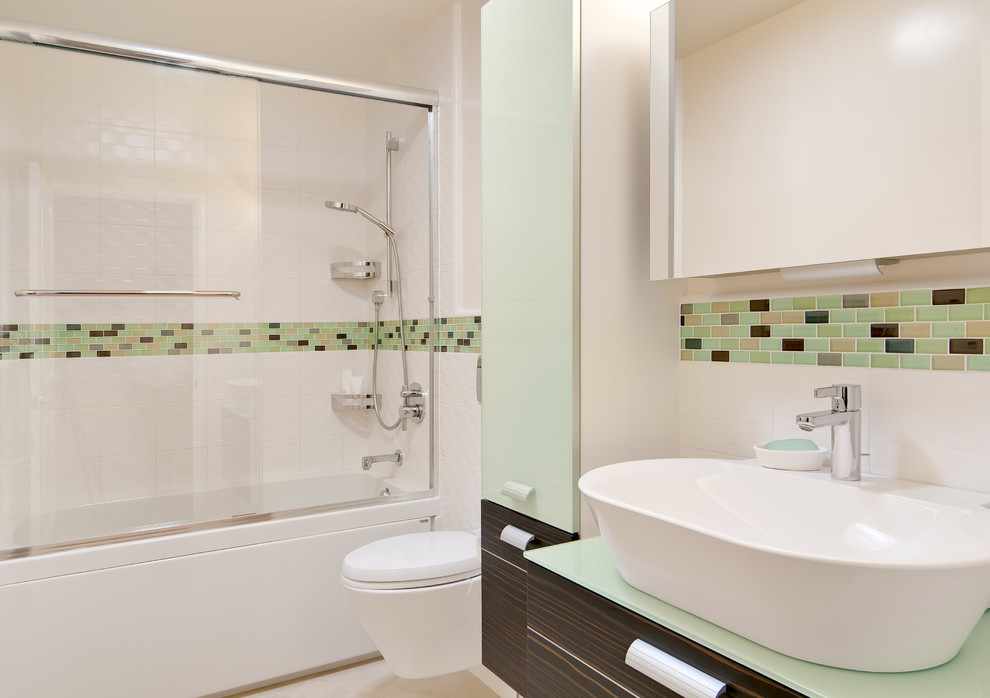 This is an example of a contemporary bathroom in San Francisco with mosaic tiles, green tiles and white tiles.