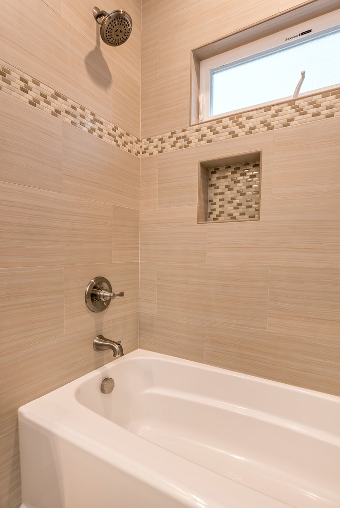Example of a mid-sized arts and crafts kids' multicolored tile and porcelain tile porcelain tile bathroom design in San Francisco with a drop-in sink, shaker cabinets, white cabinets, quartz countertops, a two-piece toilet and gray walls