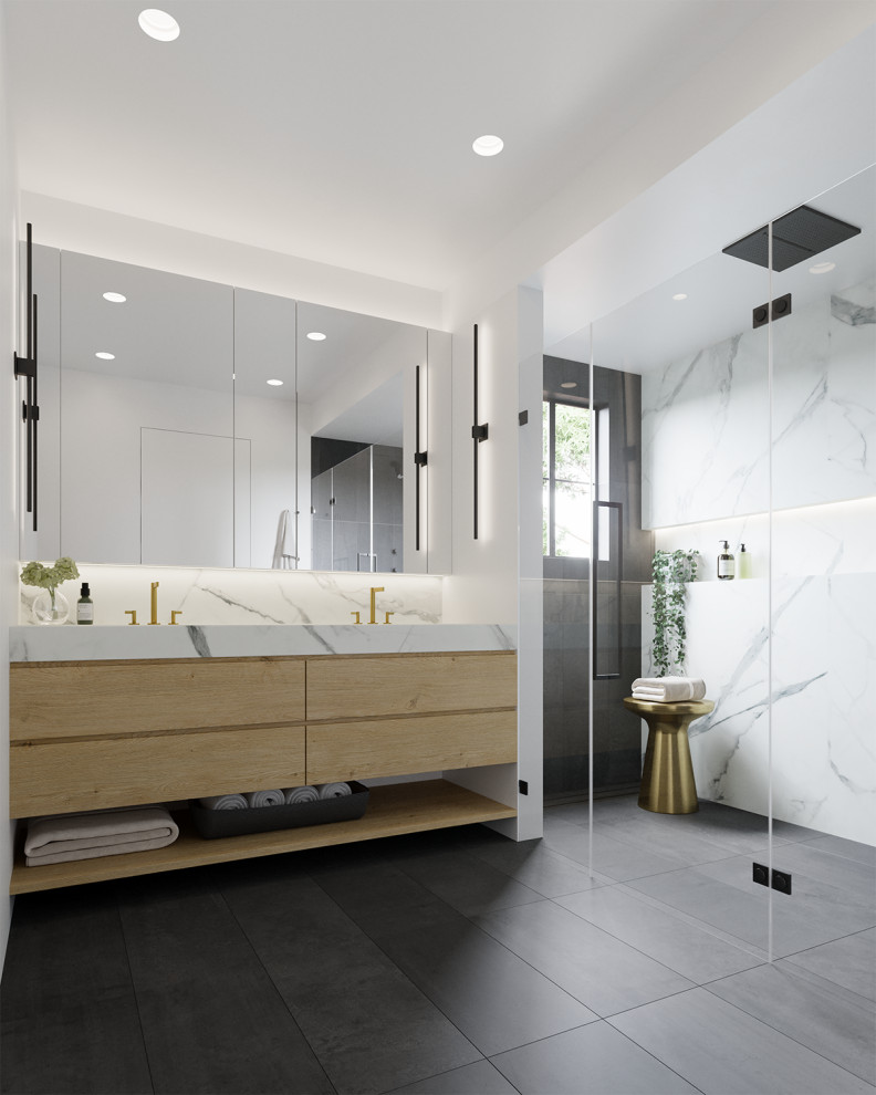 Inspiration for a scandi wet room bathroom in New York with white tiles, porcelain tiles, white walls, ceramic flooring, a built-in sink, engineered stone worktops, black floors, a hinged door, white worktops, a wall niche and double sinks.