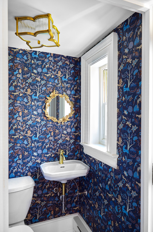 Cozy Elegance: Small Powder Room with Blue Patterned Wallpaper - Bathroom Ideas