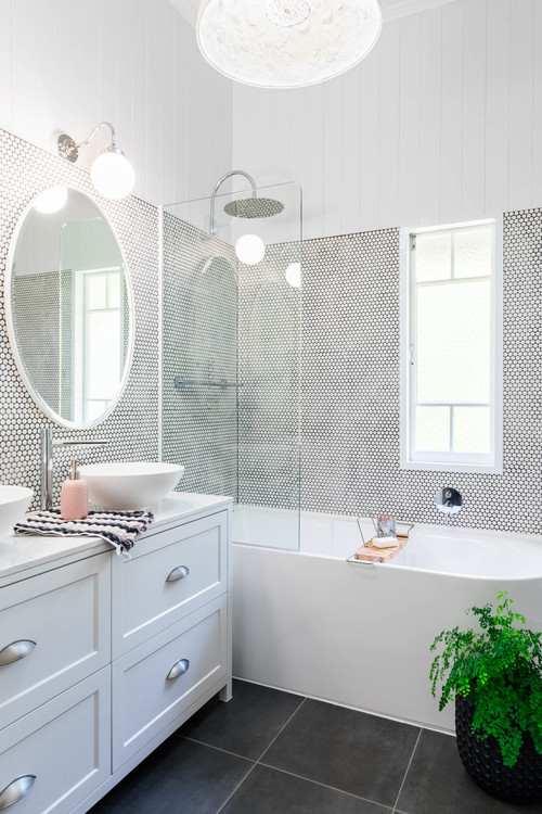 Transitional Beauty: White Shaker Double Vanity with Penny Tile Walls