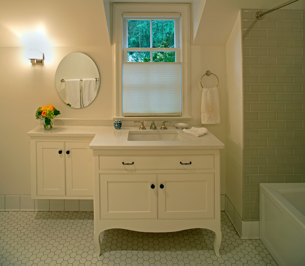 Inspiration for a mid-sized timeless master gray tile and subway tile white floor bathroom remodel in Seattle with shaker cabinets, white cabinets, white walls and an undermount sink