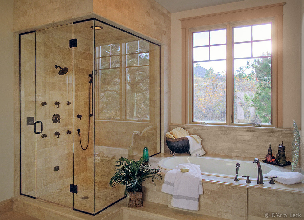 На фото: главная ванная комната среднего размера в современном стиле с накладной ванной, угловым душем, бежевой плиткой, керамической плиткой, бежевыми стенами и светлым паркетным полом