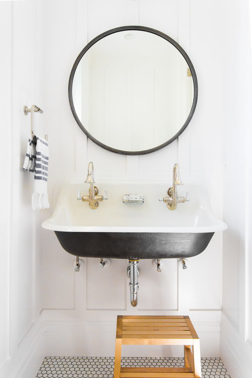 Inspiration for a small coastal white floor bathroom remodel in Salt Lake City with white walls and a wall-mount sink