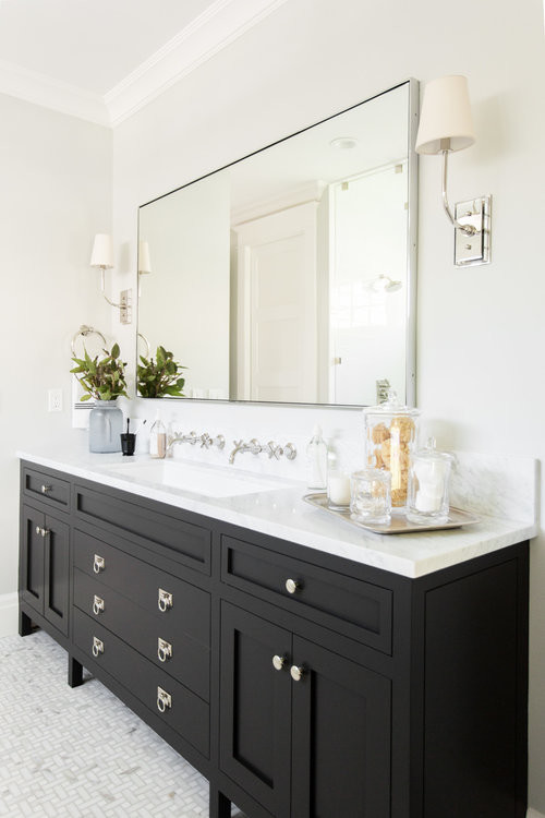 Large beach style master white floor bathroom photo in Salt Lake City with black cabinets, white walls and a console sink
