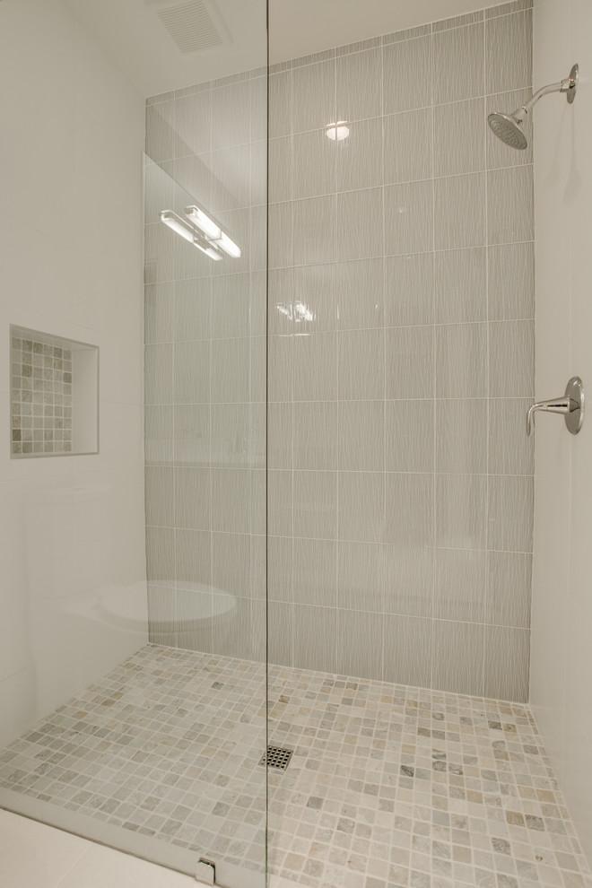 Example of a huge transitional kids' white tile alcove shower design in Dallas with white walls
