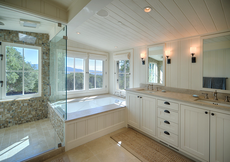 This is an example of a medium sized farmhouse ensuite bathroom in San Francisco with louvered cabinets, white cabinets, a submerged bath, a corner shower, mosaic tiles, white walls, ceramic flooring, a submerged sink and solid surface worktops.