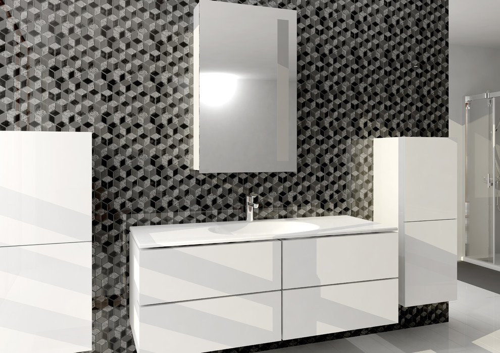 Inspiration for a medium sized contemporary ensuite bathroom in Toronto with flat-panel cabinets, white cabinets, an alcove shower, a one-piece toilet, black tiles, black and white tiles, grey tiles, mosaic tiles, grey walls, porcelain flooring, an integrated sink and solid surface worktops.