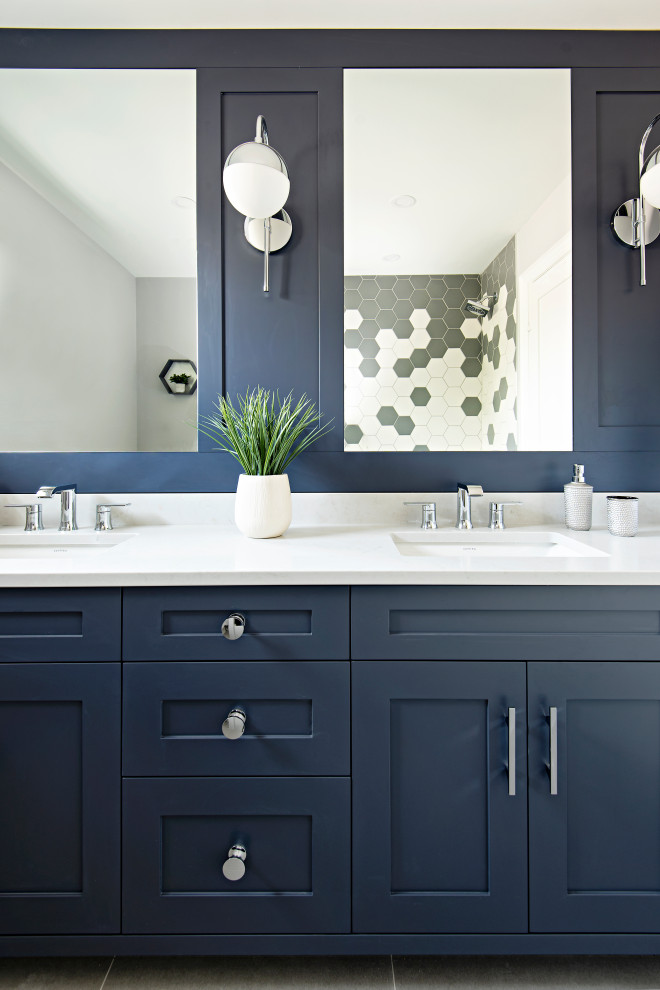 Mid-sized transitional kids' white tile and porcelain tile porcelain tile, gray floor and double-sink bathroom photo in Toronto with shaker cabinets, blue cabinets, a one-piece toilet, gray walls, an undermount sink, quartz countertops, white countertops and a built-in vanity