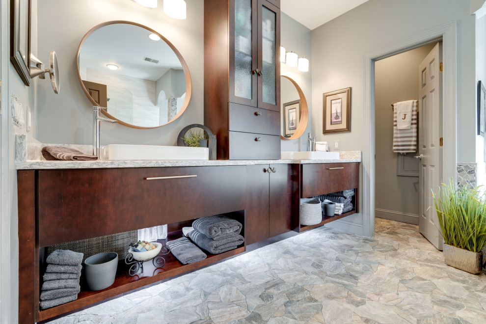 Example of a large trendy master bathroom design in DC Metro with open cabinets, a vessel sink and quartz countertops