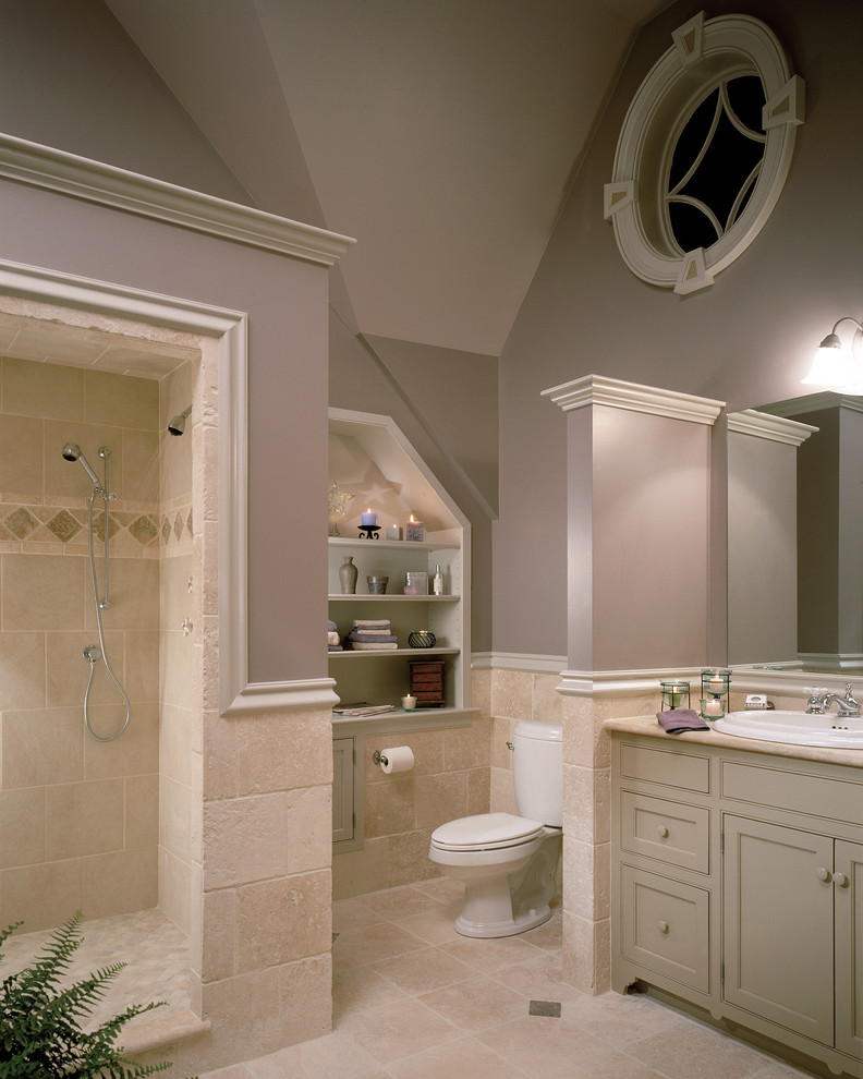 Example of a classic stone tile bathroom design in New York
