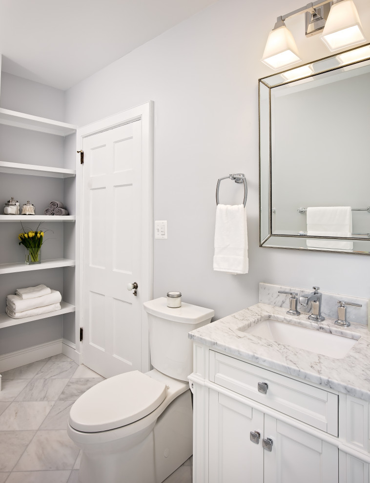 Inspiration for a small 3/4 white tile and ceramic tile marble floor, gray floor and single-sink bathroom remodel in DC Metro with shaker cabinets, white cabinets, a two-piece toilet, gray walls, an undermount sink, marble countertops, gray countertops and a freestanding vanity