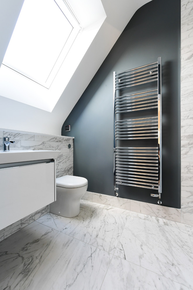 Photo of a contemporary bathroom in Oxfordshire with grey tiles, porcelain tiles, porcelain flooring and grey floors.