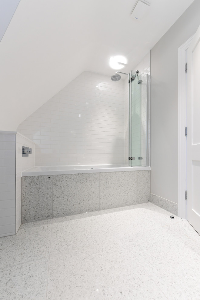 Inspiration for a contemporary bathroom in Oxfordshire with white tiles, ceramic tiles, porcelain flooring and grey floors.