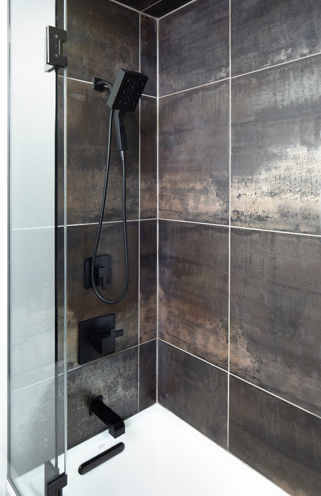 Example of a small trendy master black tile and porcelain tile porcelain tile bathroom design in Chicago with a wall-mount sink, flat-panel cabinets, black cabinets, quartz countertops, a two-piece toilet and gray walls