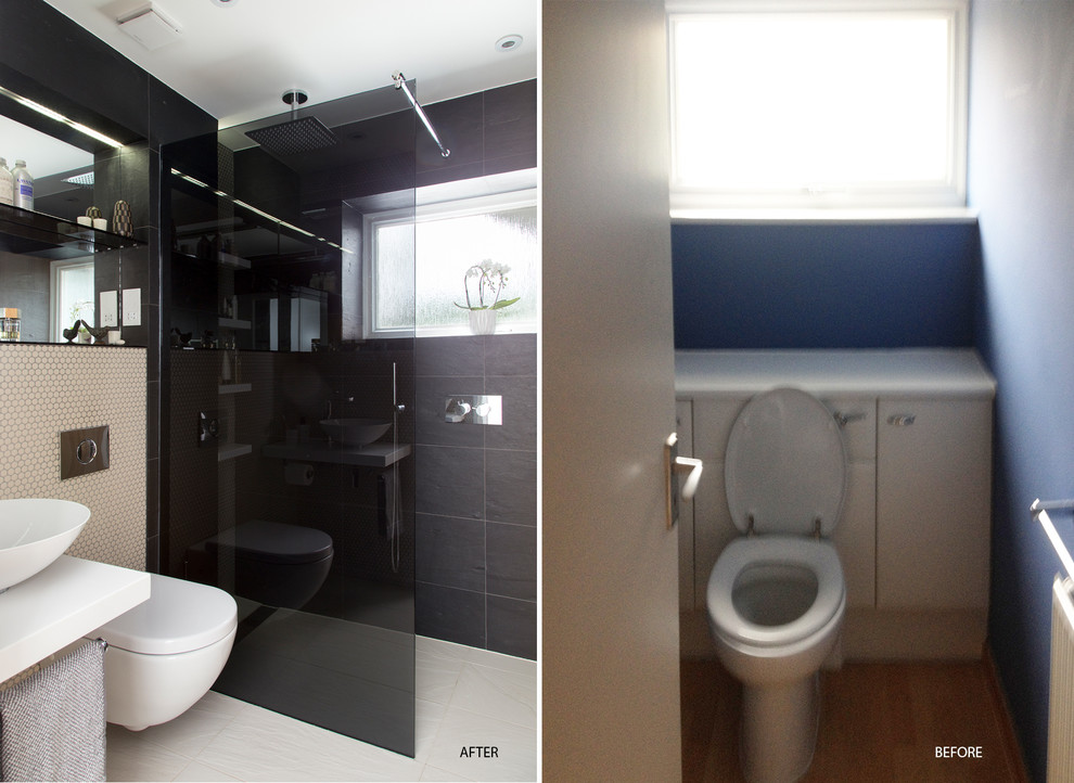 Photo of a small contemporary grey and black bathroom in London with a walk-in shower, a wall mounted toilet, grey tiles, porcelain tiles, grey walls, porcelain flooring, a vessel sink, engineered stone worktops, beige floors, an open shower, feature lighting and a single sink.