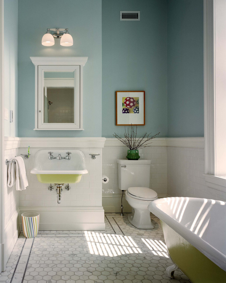 Elegant kids' subway tile claw-foot bathtub photo in Philadelphia with a wall-mount sink and blue walls