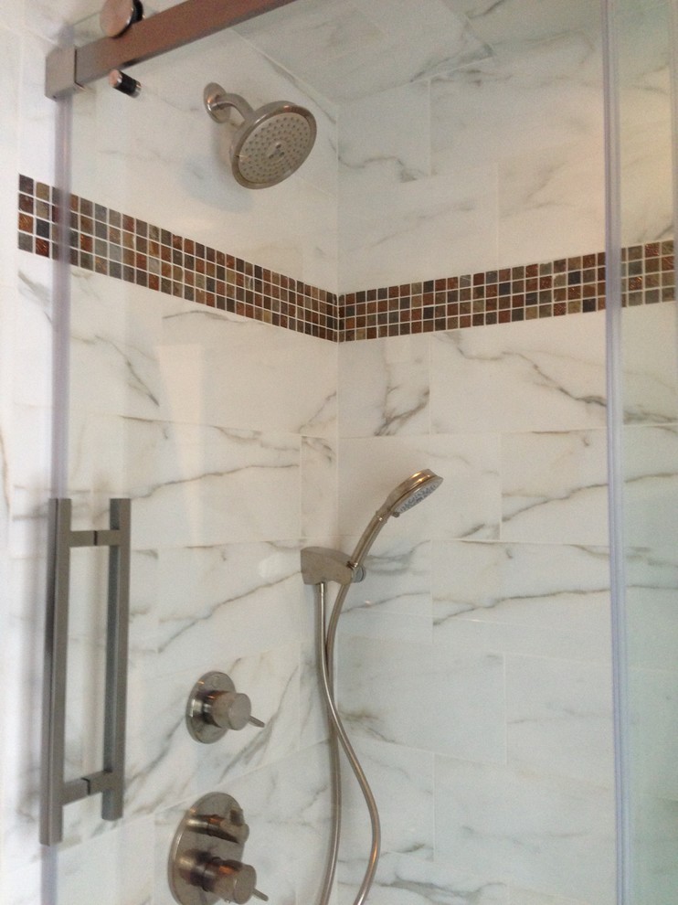 Trendy white tile alcove bathtub photo in Boston