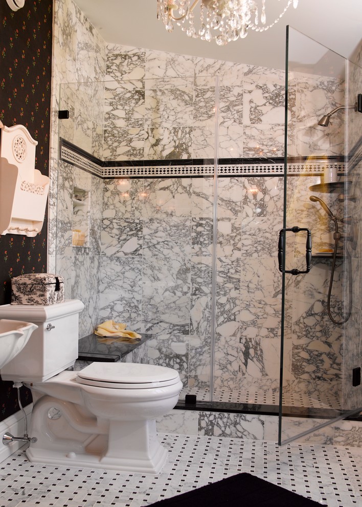 Inspiration for a medium sized victorian shower room bathroom in Philadelphia with a pedestal sink, an alcove shower, a two-piece toilet, black and white tiles, grey tiles, stone tiles, black walls and marble flooring.