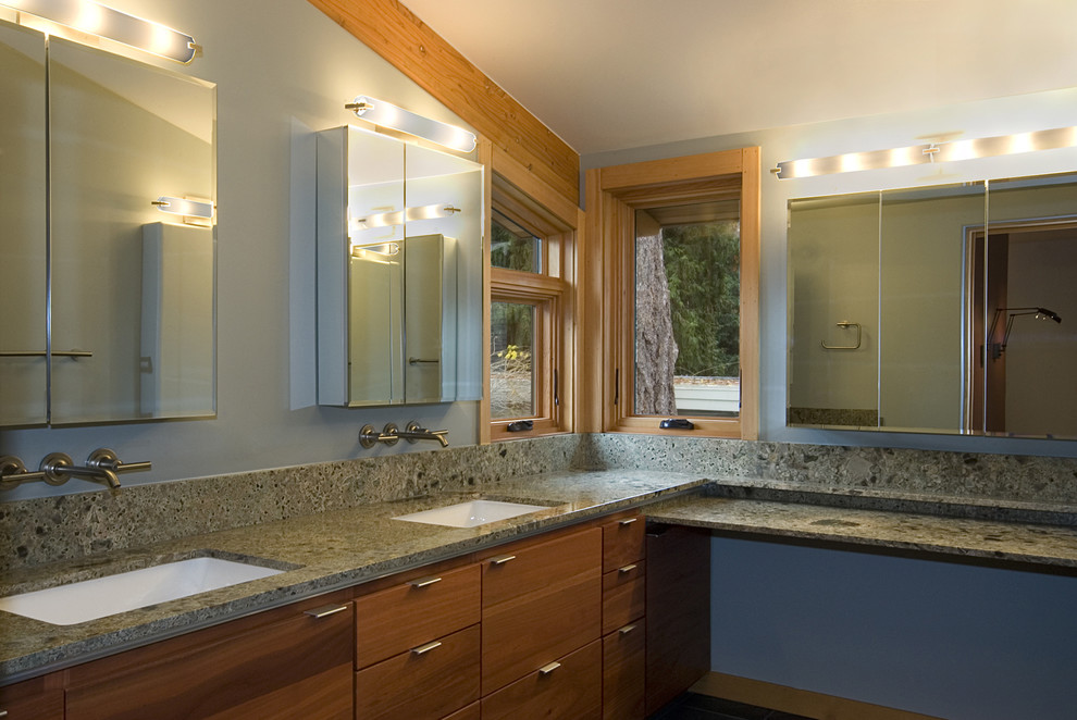 Modelo de cuarto de baño principal actual grande con lavabo bajoencimera, armarios con paneles lisos, puertas de armario de madera oscura, paredes blancas y encimera de granito