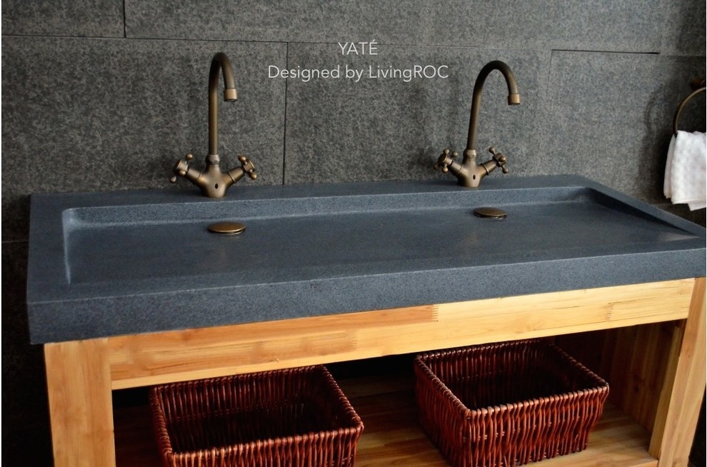 YATE 47"x19" DOUBLE TROUGH TRENDY GRAY GRANITE BATHROOM VESSEL SINK ...