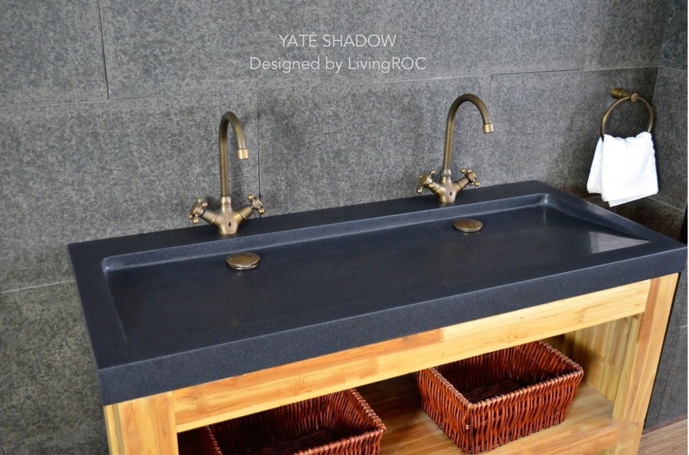 YATE SHADOW 47"x19" DOUBLE TROUGH BLACK GRANITE BATHROOM VESSEL SINK