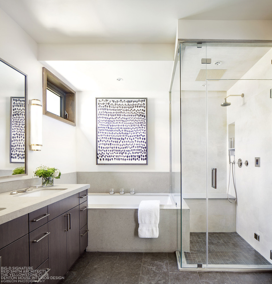 Photo of a medium sized modern ensuite bathroom in Other with a built-in bath, a walk-in shower, beige tiles, white walls and a built-in sink.