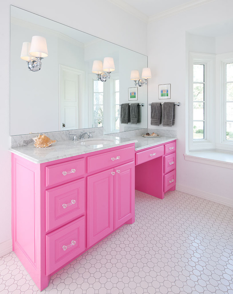 Example of a classic kids' mosaic tile bathroom design in Dallas with gray countertops