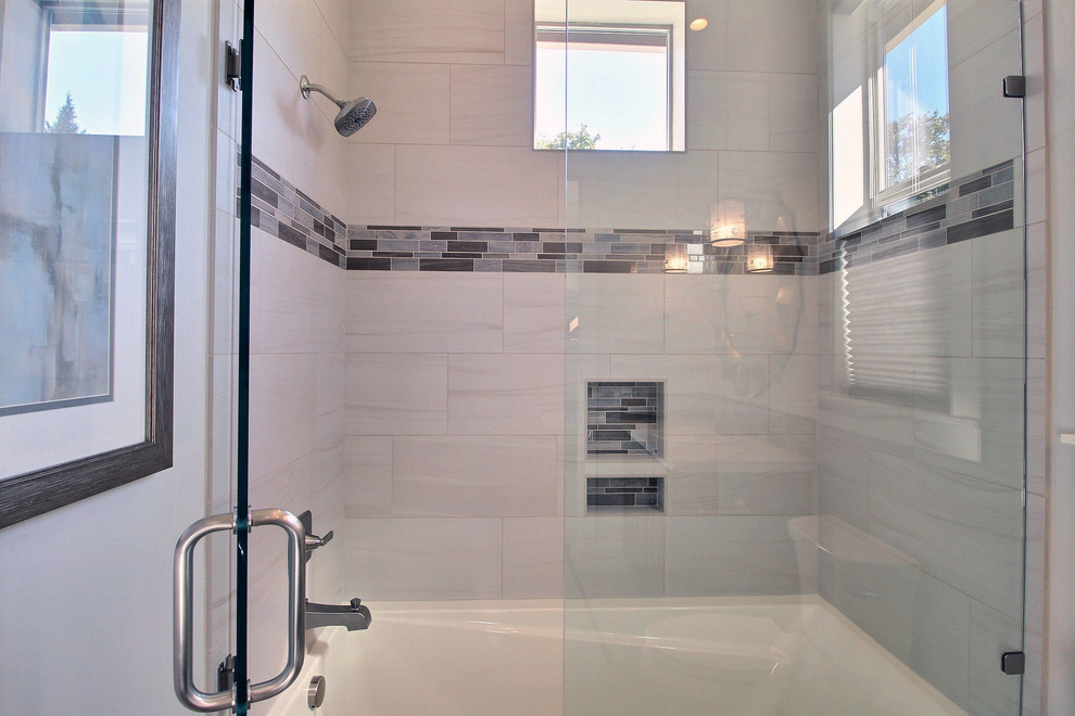 Design ideas for a large classic shower room bathroom in Portland with recessed-panel cabinets, dark wood cabinets, a built-in shower, a two-piece toilet, grey tiles, ceramic tiles, beige walls, porcelain flooring, a submerged sink, tiled worktops, grey floors, an open shower and a built-in bath.