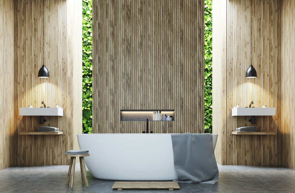 Idéer för ett mellanstort modernt flerfärgad badrum, med öppna hyllor, skåp i ljust trä, ett fristående badkar, flerfärgad kakel, flerfärgade väggar, skiffergolv, ett väggmonterat handfat, träbänkskiva och flerfärgat golv