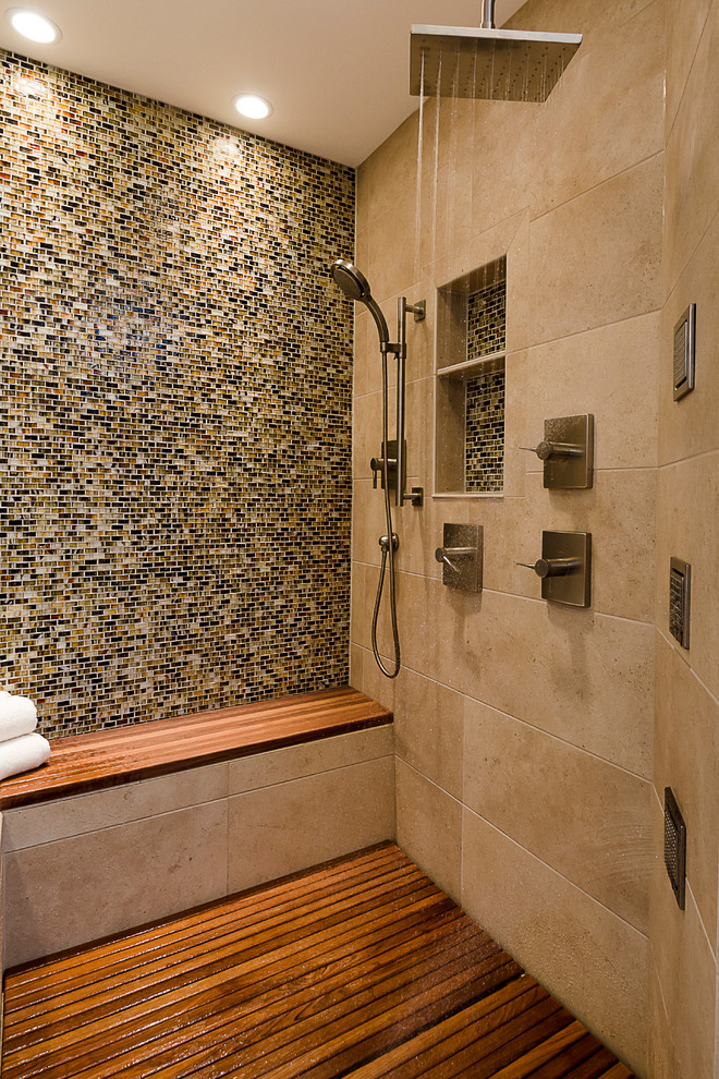 Bathroom - large contemporary master multicolored tile and mosaic tile medium tone wood floor bathroom idea in Chicago with beige walls and a niche