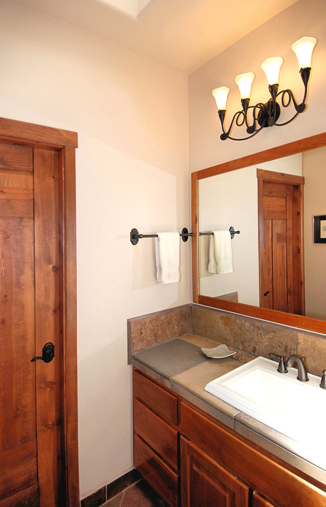 Bild på ett mellanstort rustikt badrum med dusch, med luckor med upphöjd panel och skåp i mellenmörkt trä