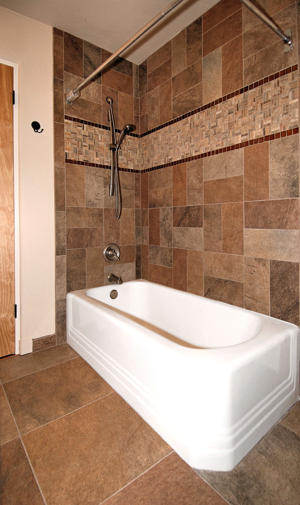 Bathroom - mid-sized transitional master beige tile, black tile and brown tile dark wood floor bathroom idea in Portland with shaker cabinets, light wood cabinets, beige walls, a drop-in sink and a one-piece toilet