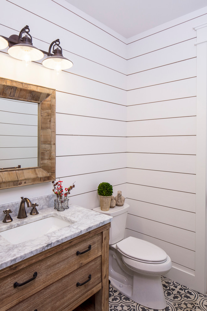 Design ideas for a medium sized country shower room bathroom in Austin with freestanding cabinets.