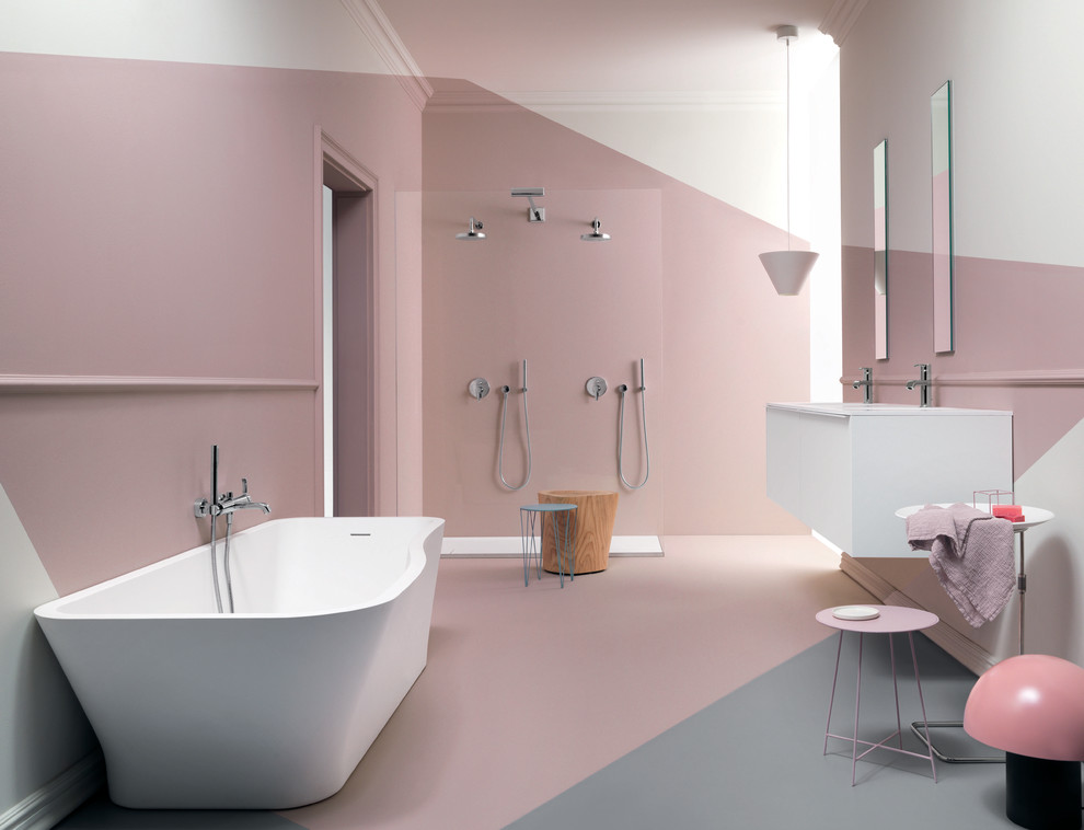 Immagine di una stanza da bagno per bambini contemporanea di medie dimensioni con ante bianche, vasca freestanding, pareti rosa e doccia aperta