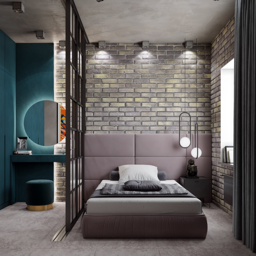 Imagen de dormitorio principal urbano pequeño sin chimenea con paredes grises, suelo vinílico y suelo beige