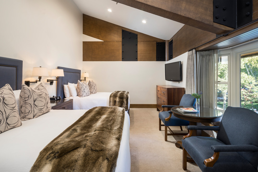 Пример оригинального дизайна: гостевая спальня (комната для гостей) в стиле модернизм с белыми стенами, ковровым покрытием и бежевым полом