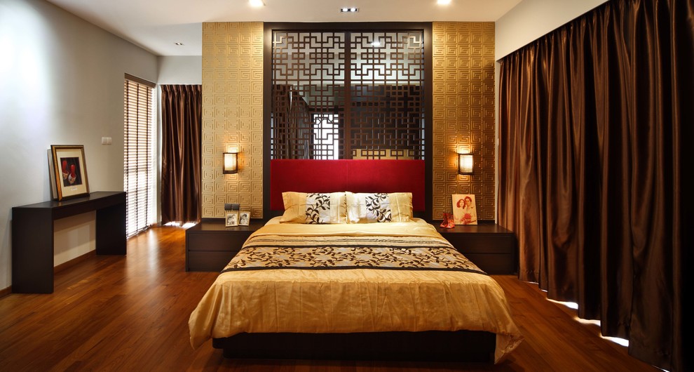 Idée de décoration pour une chambre asiatique avec un mur gris.