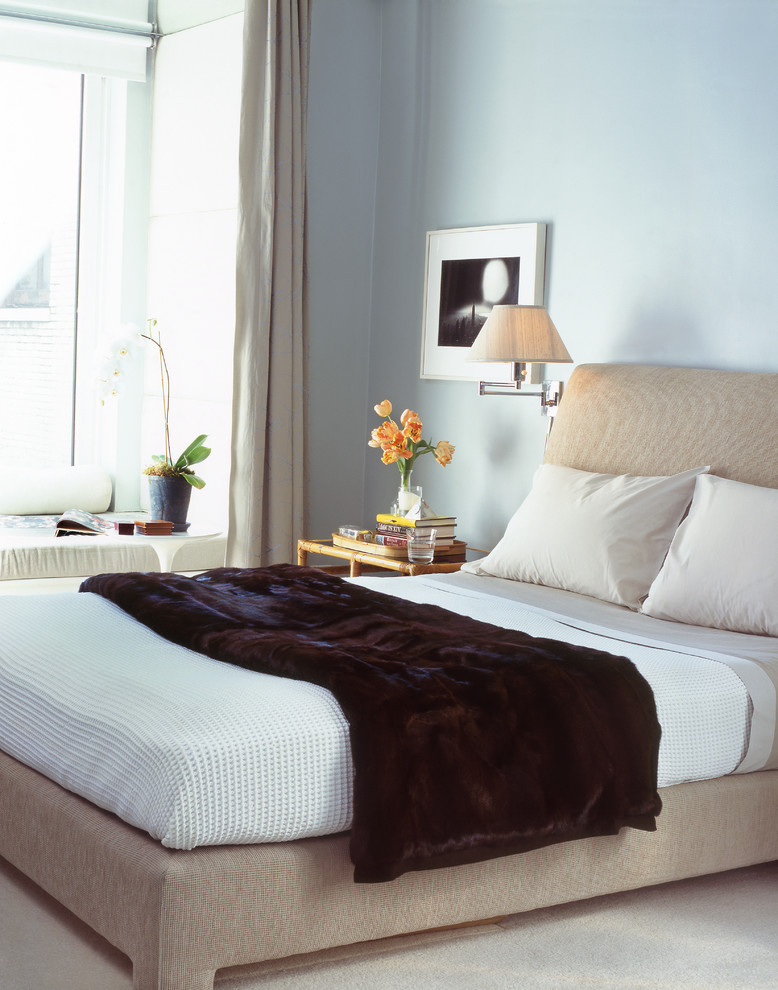 Свежая идея для дизайна: спальня в современном стиле с синими стенами - отличное фото интерьера
