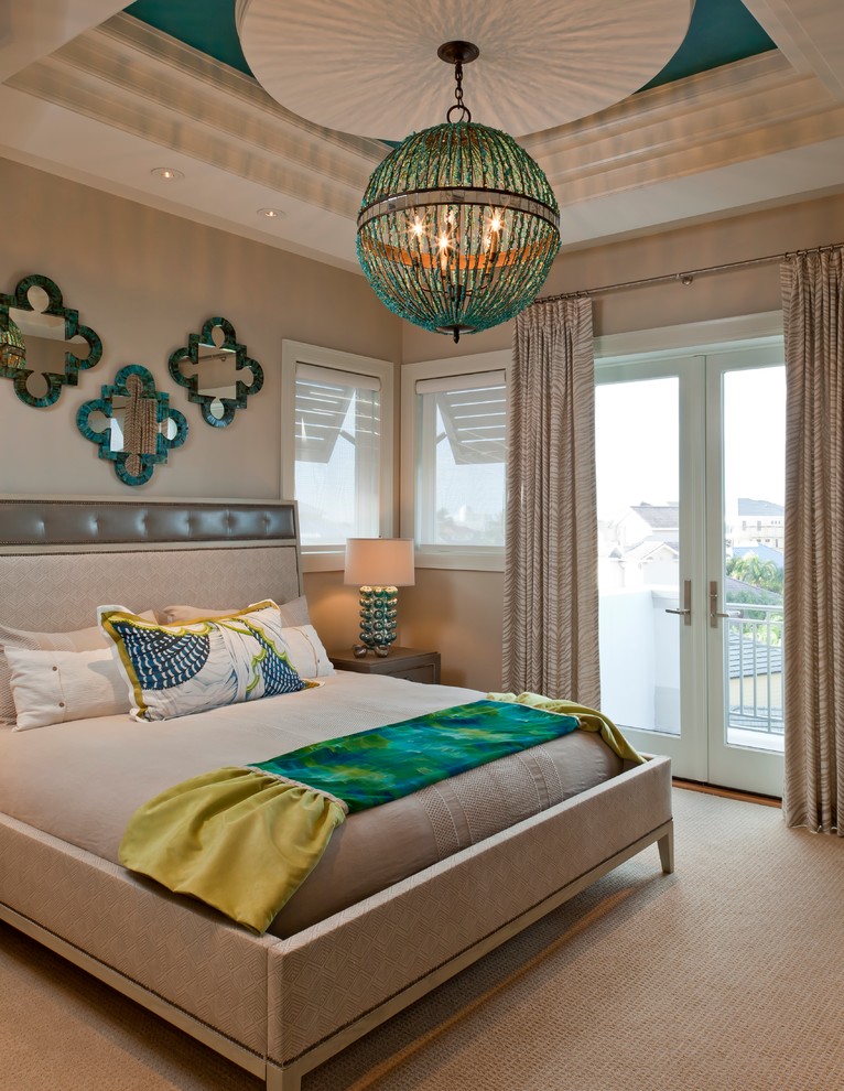Inspiration for a contemporary carpeted and beige floor bedroom remodel in Miami with beige walls