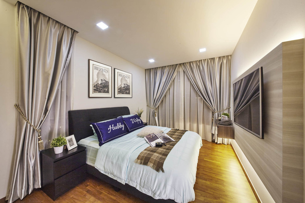 Bedroom - small contemporary master plywood floor bedroom idea in Singapore with white walls