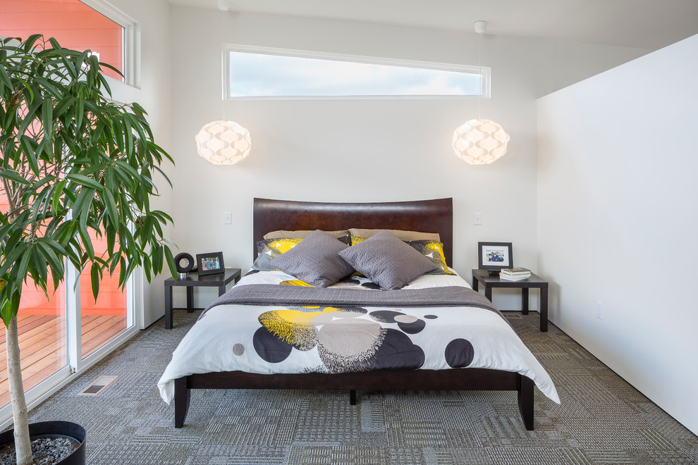 カンザスシティにあるコンテンポラリースタイルのおしゃれな寝室 (白い壁、カーペット敷き) のインテリア