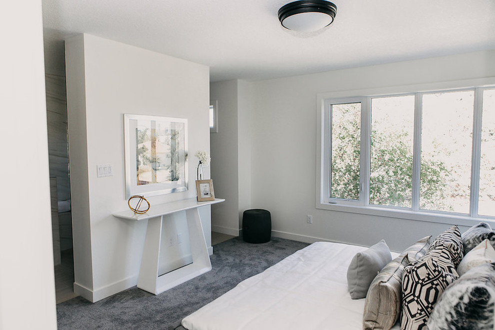 Imagen de dormitorio principal minimalista de tamaño medio con paredes blancas, moqueta y suelo gris
